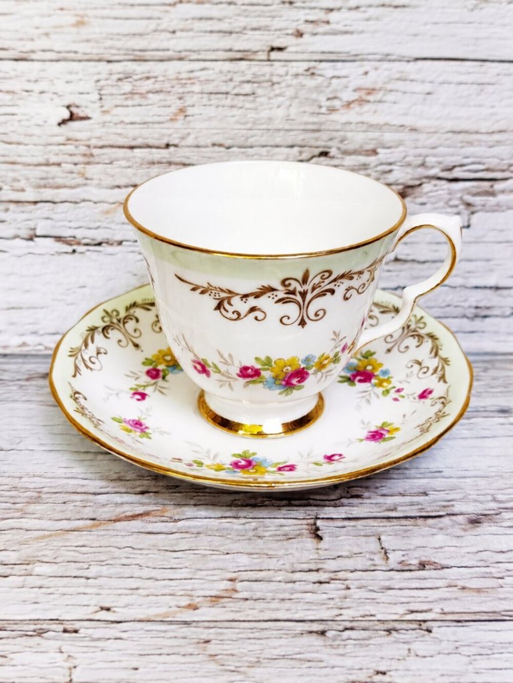Queen Anne England Teacup and Saucer Green Band Pink Roses Bridal Pattern